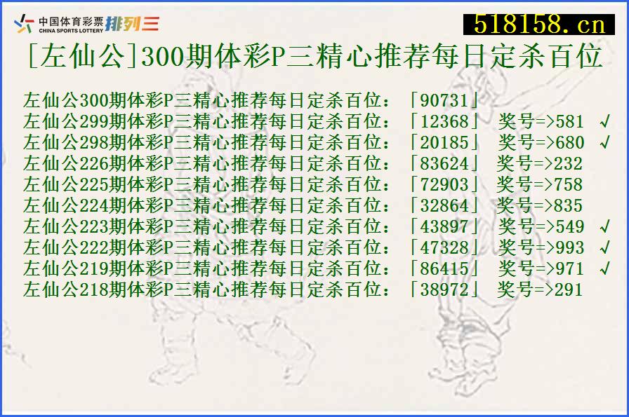 [左仙公]300期体彩P三精心推荐每日定杀百位