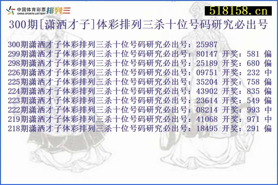 300期[潇洒才子]体彩排列三杀十位号码研究必出号