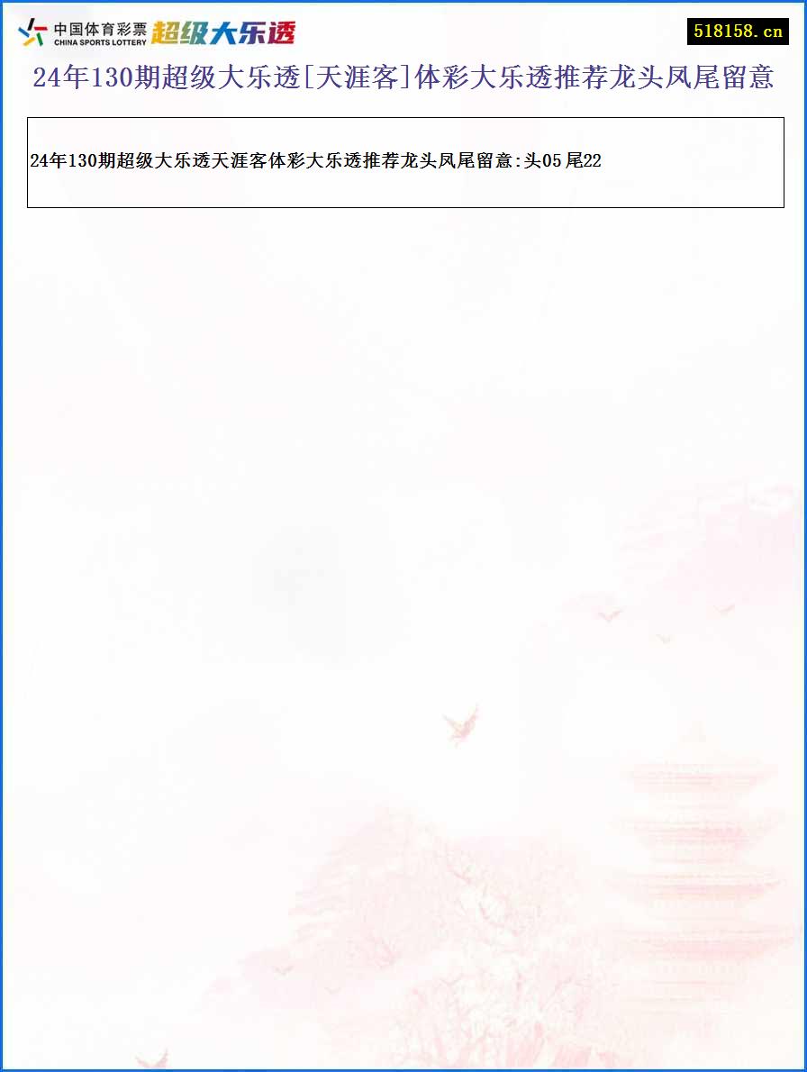 24年130期超级大乐透[天涯客]体彩大乐透推荐龙头凤尾留意