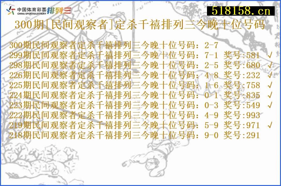 300期[民间观察者]定杀千禧排列三今晚十位号码