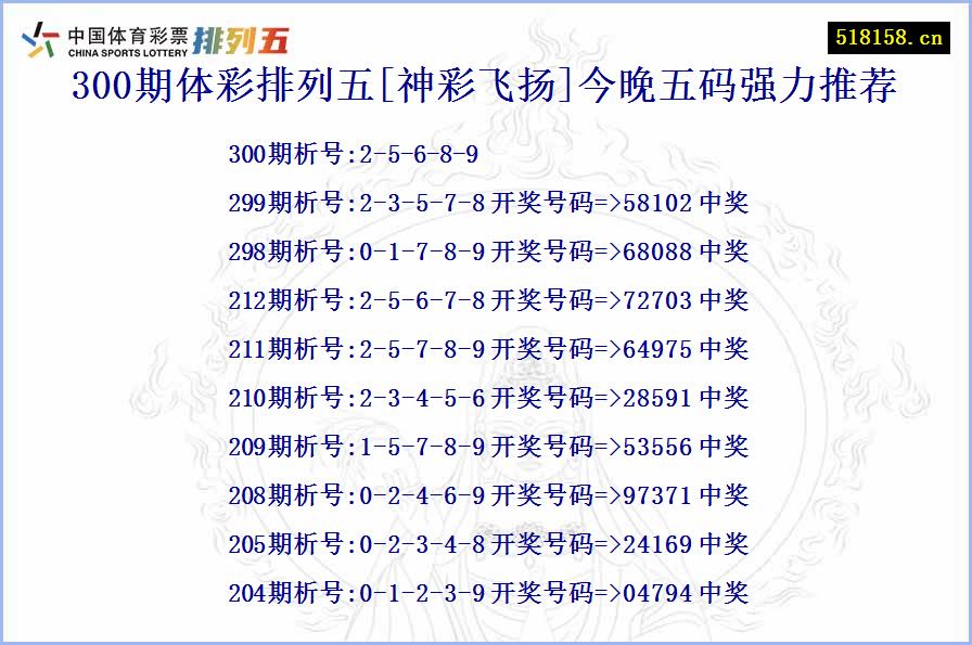 300期体彩排列五[神彩飞扬]今晚五码强力推荐