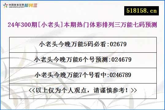 24年300期[小老头]本期热门体彩排列三万能七码预测