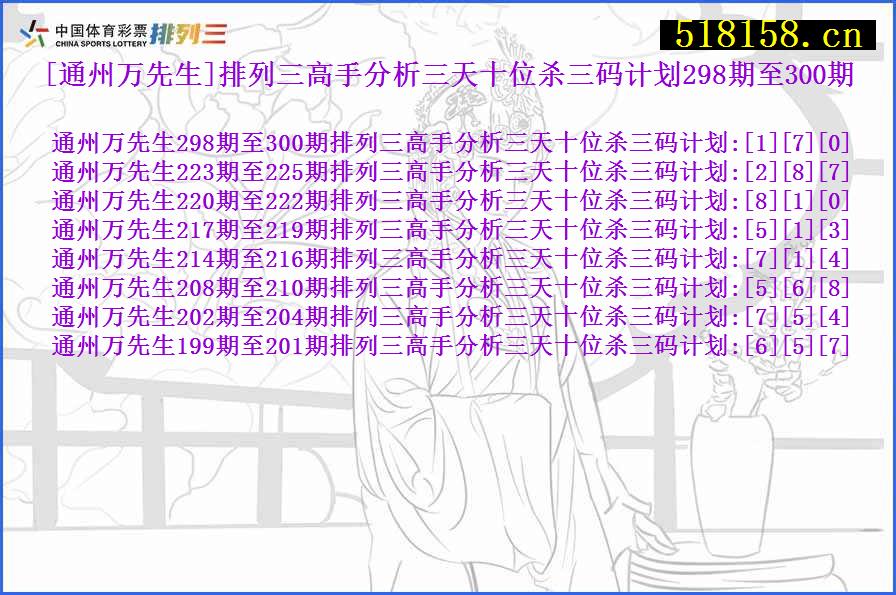 [通州万先生]排列三高手分析三天十位杀三码计划298期至300期