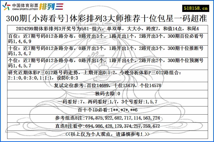 300期[小涛看号]体彩排列3大师推荐十位包星一码超准