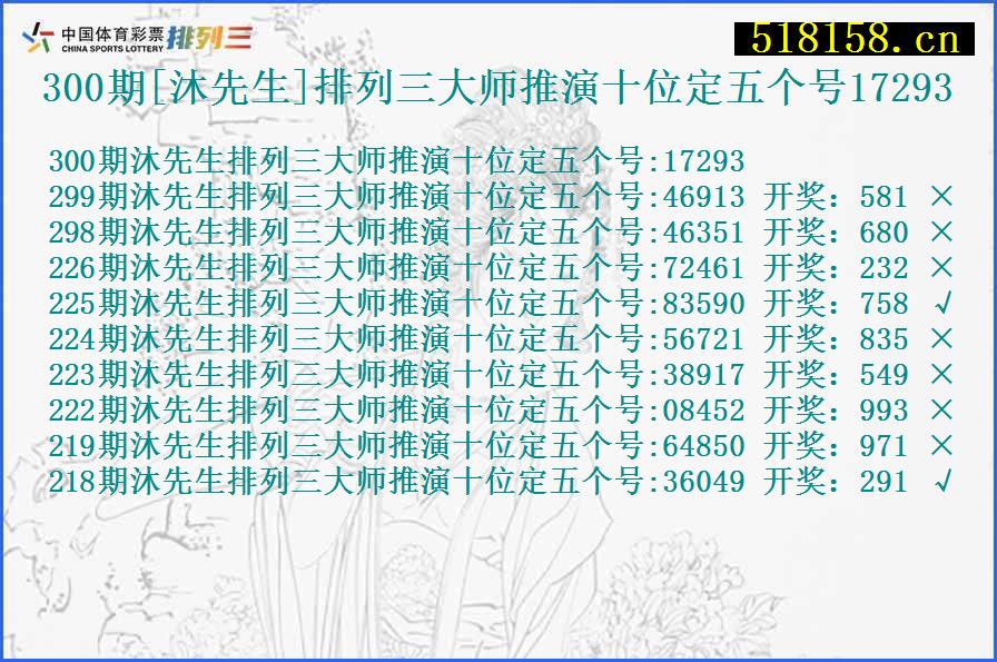 300期[沐先生]排列三大师推演十位定五个号17293