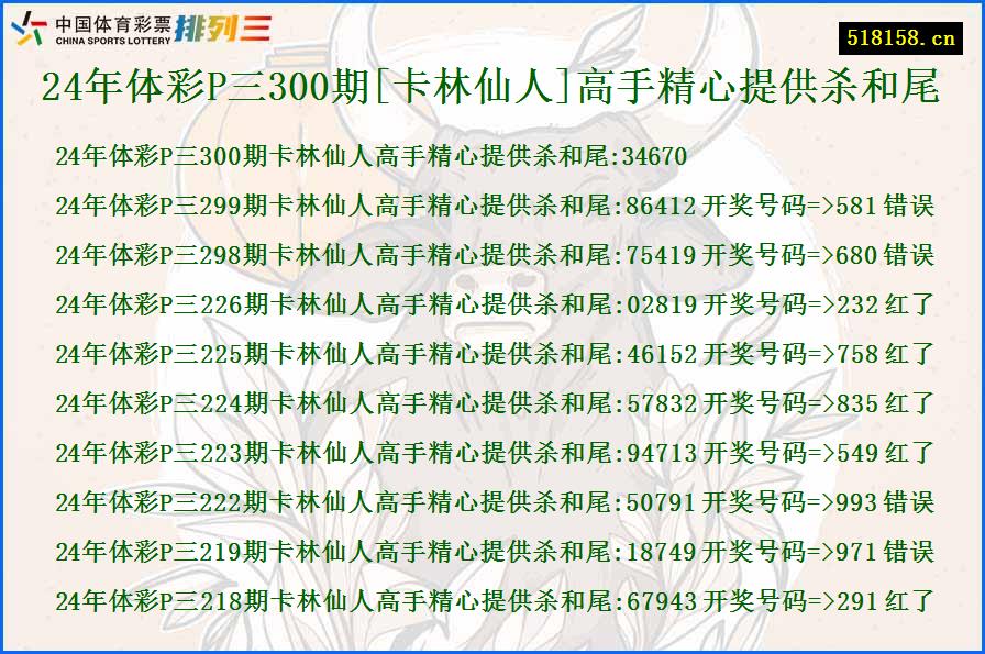 24年体彩P三300期[卡林仙人]高手精心提供杀和尾