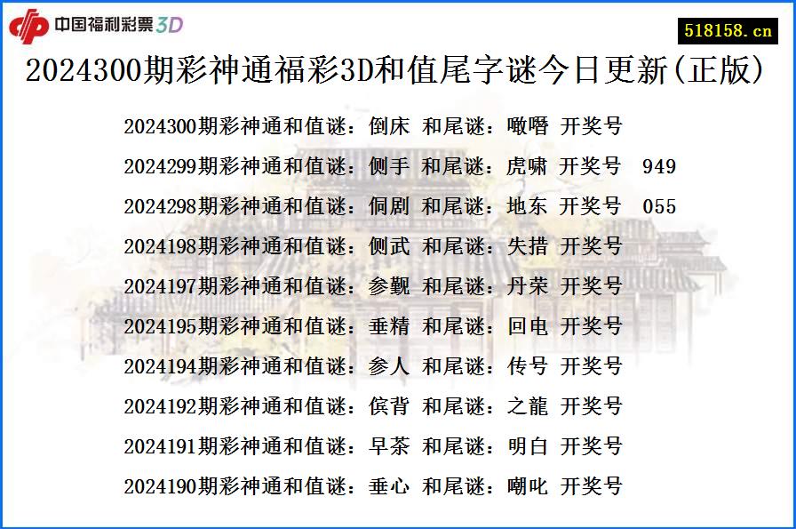 2024300期彩神通福彩3D和值尾字谜今日更新(正版)