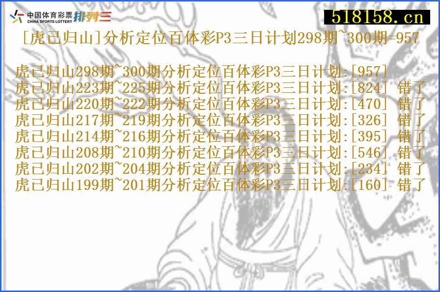 [虎已归山]分析定位百体彩P3三日计划298期~300期=957