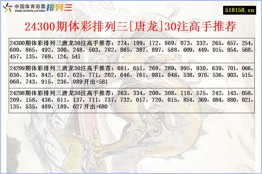 24300期体彩排列三[唐龙]30注高手推荐