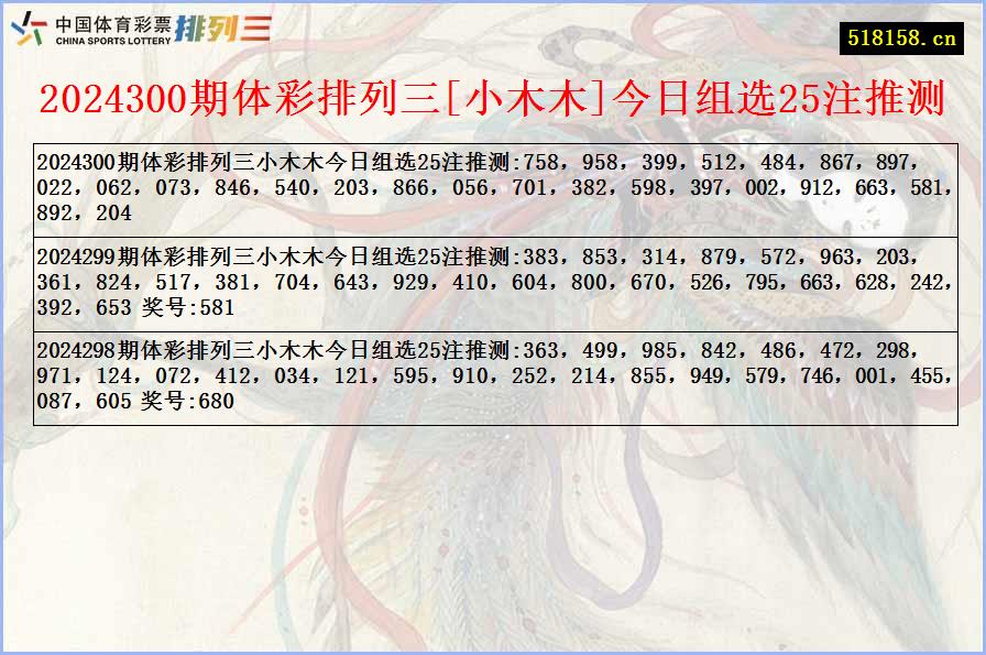 2024300期体彩排列三[小木木]今日组选25注推测