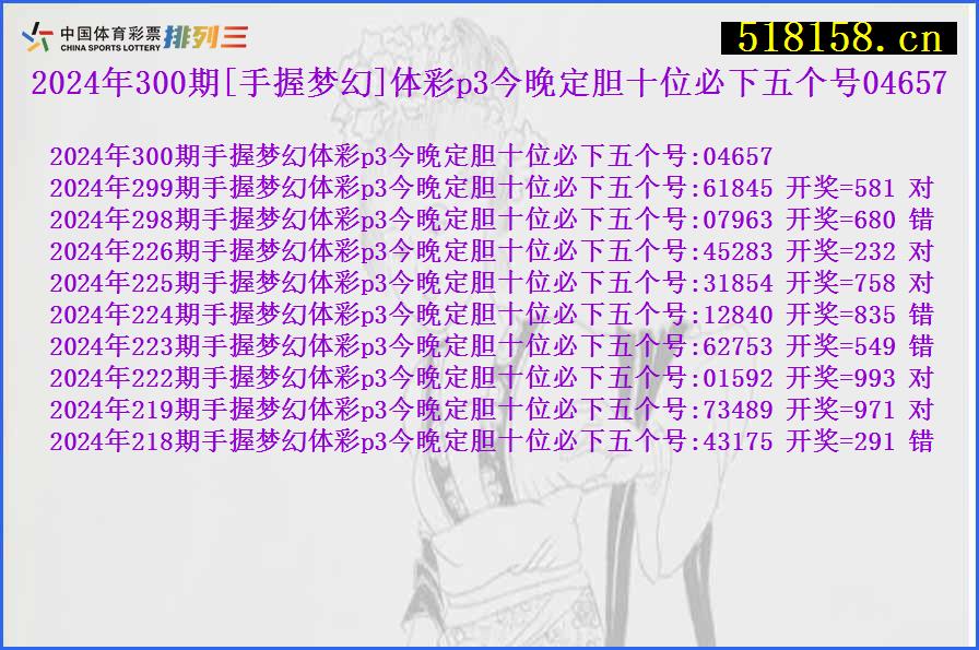 2024年300期[手握梦幻]体彩p3今晚定胆十位必下五个号04657