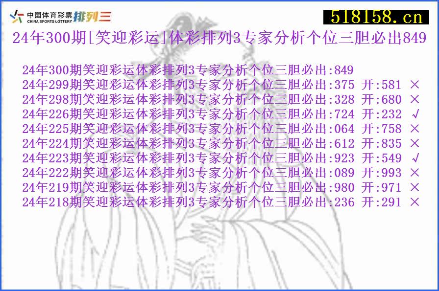 24年300期[笑迎彩运]体彩排列3专家分析个位三胆必出849