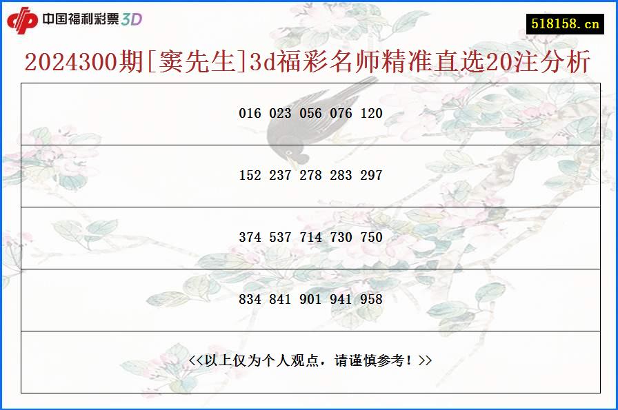 2024300期[窦先生]3d福彩名师精准直选20注分析