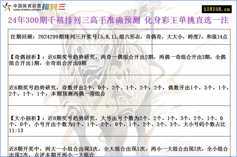 24年300期千禧排列三高手准确预测 化身彩王单挑直选一注