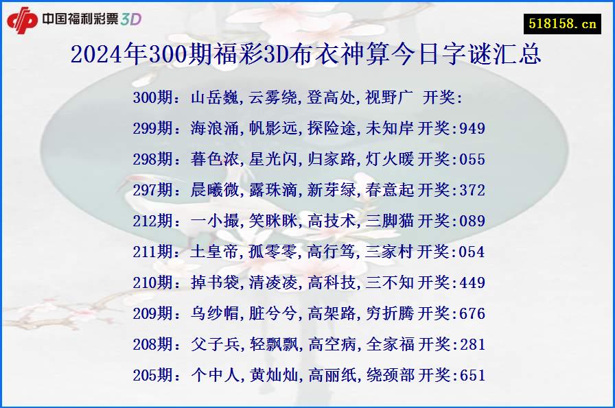 2024年300期福彩3D布衣神算今日字谜汇总