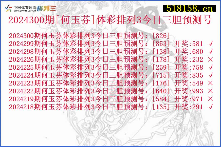 2024300期[何玉芬]体彩排列3今日三胆预测号