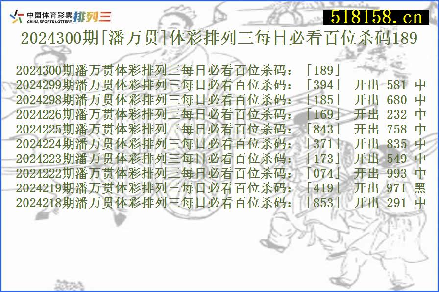 2024300期[潘万贯]体彩排列三每日必看百位杀码189