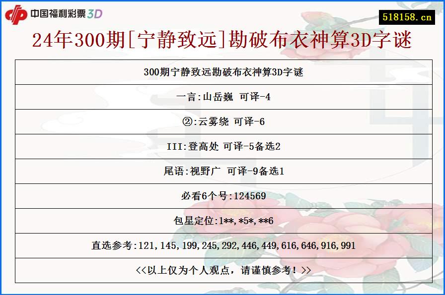 24年300期[宁静致远]勘破布衣神算3D字谜