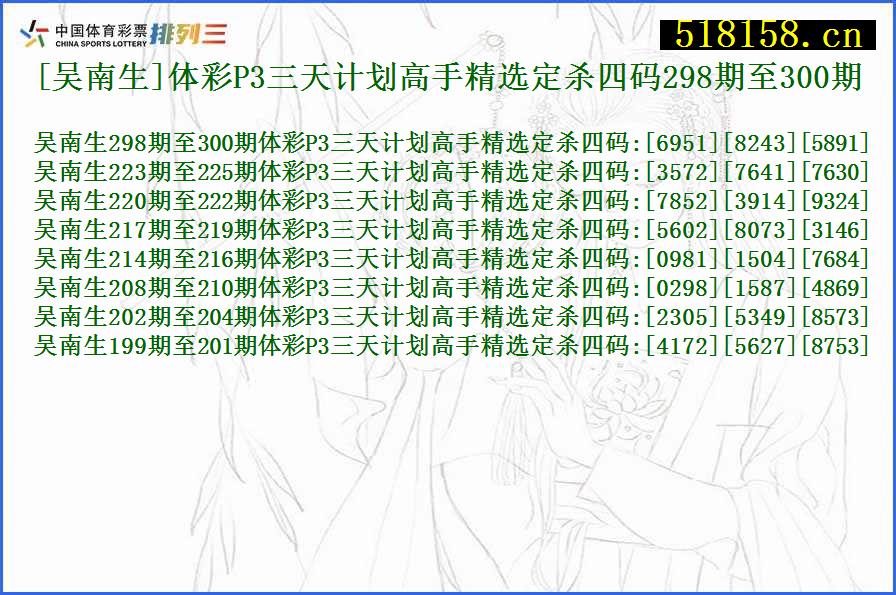 [吴南生]体彩P3三天计划高手精选定杀四码298期至300期