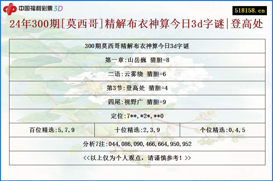 24年300期[莫西哥]精解布衣神算今日3d字谜|登高处