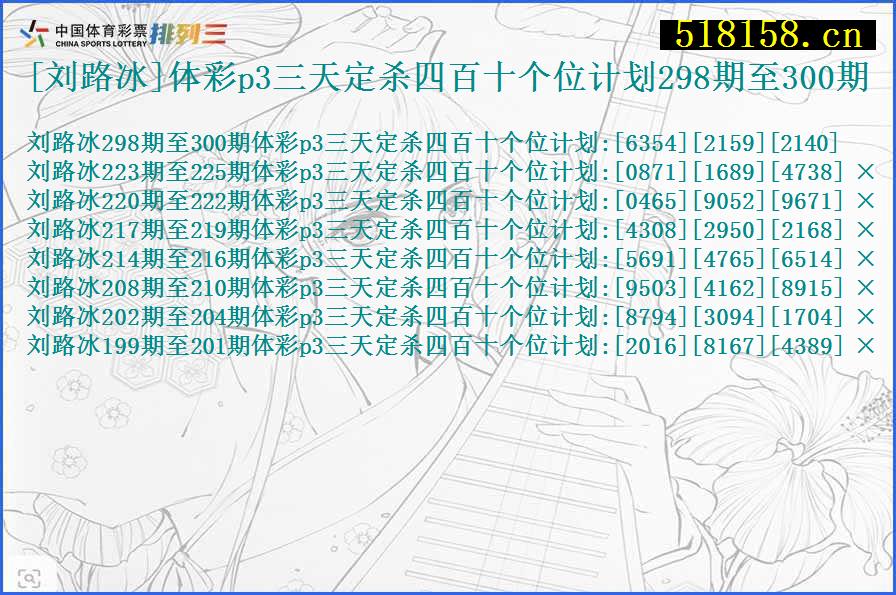 [刘路冰]体彩p3三天定杀四百十个位计划298期至300期