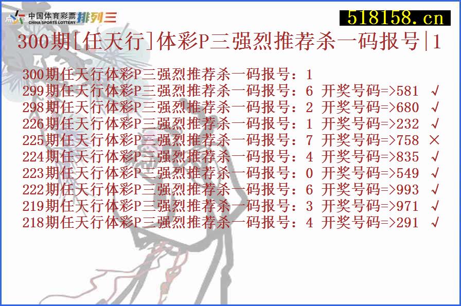 300期[任天行]体彩P三强烈推荐杀一码报号|1