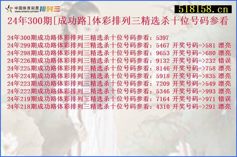 24年300期[成功路]体彩排列三精选杀十位号码参看