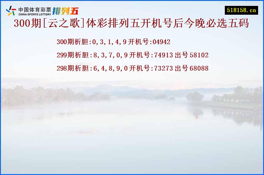 300期[云之歌]体彩排列五开机号后今晚必选五码