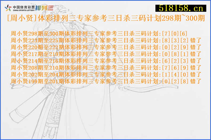 [周小贤]体彩排列三专家参考三日杀三码计划298期~300期