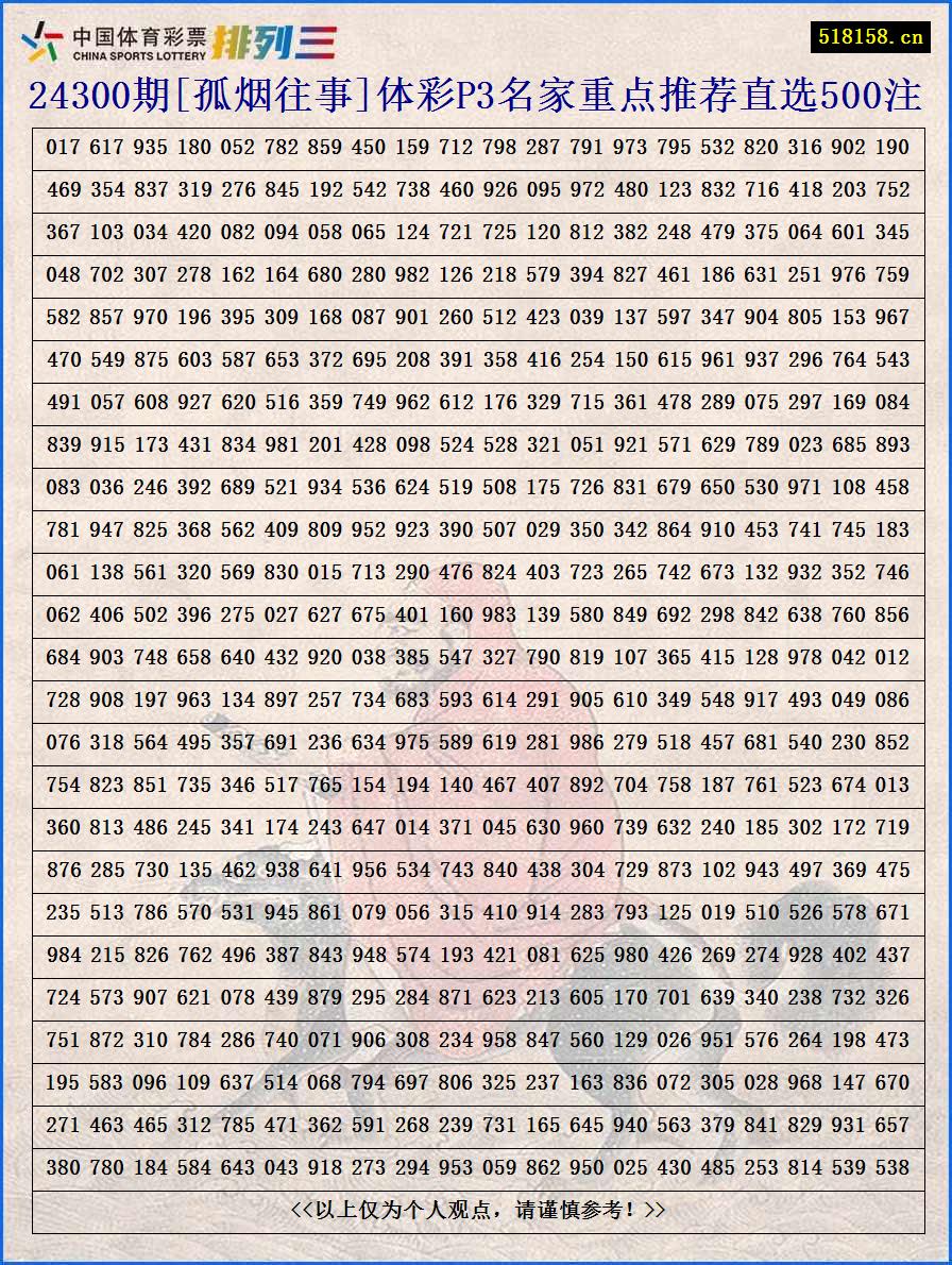 24300期[孤烟往事]体彩P3名家重点推荐直选500注