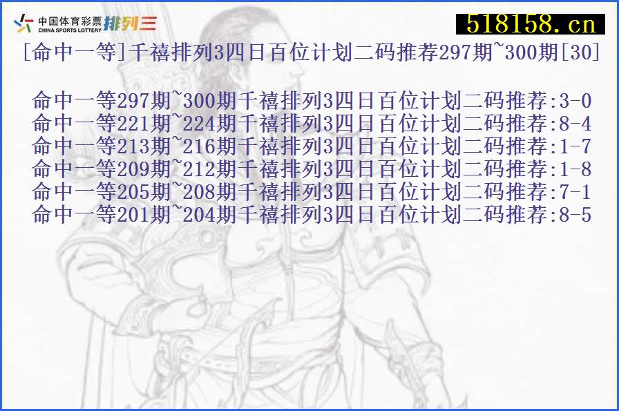 [命中一等]千禧排列3四日百位计划二码推荐297期~300期[30]