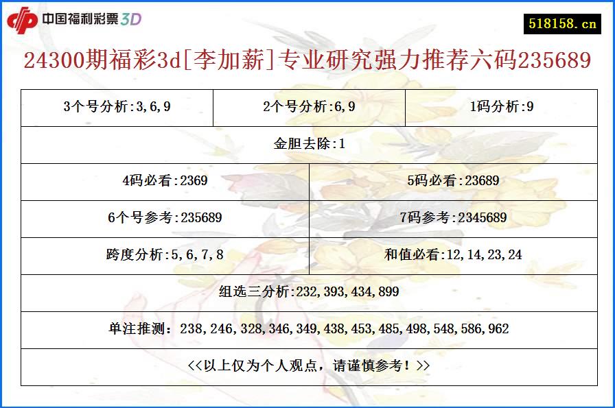 24300期福彩3d[李加薪]专业研究强力推荐六码235689