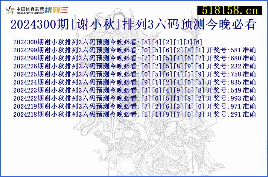 2024300期[谢小秋]排列3六码预测今晚必看