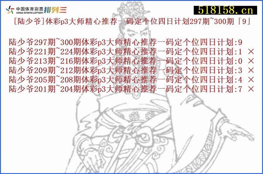 [陆少爷]体彩p3大师精心推荐一码定个位四日计划297期~300期「9」