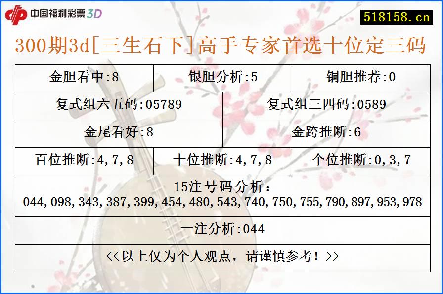 300期3d[三生石下]高手专家首选十位定三码