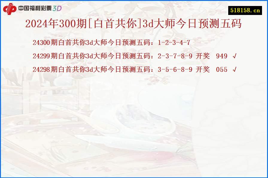 2024年300期[白首共你]3d大师今日预测五码