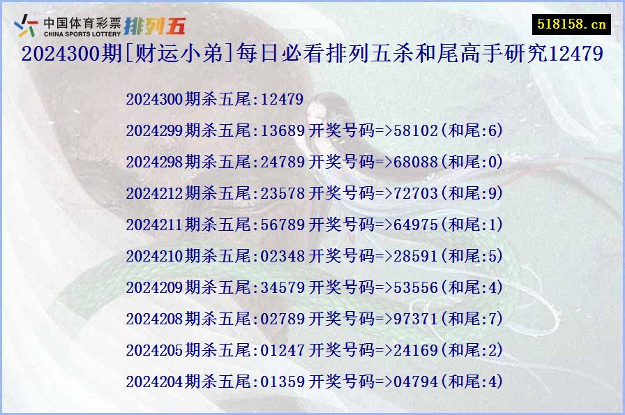 2024300期[财运小弟]每日必看排列五杀和尾高手研究12479