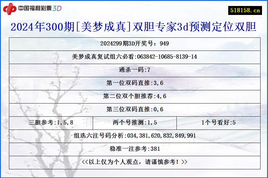 2024年300期[美梦成真]双胆专家3d预测定位双胆