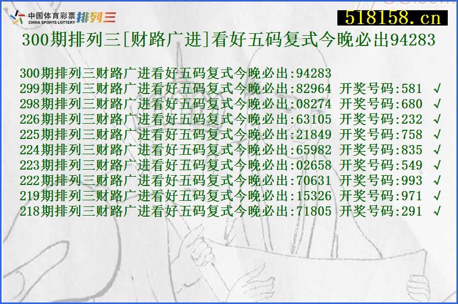 300期排列三[财路广进]看好五码复式今晚必出94283