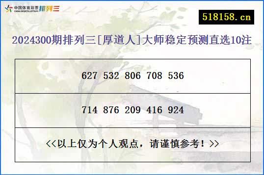 2024300期排列三[厚道人]大师稳定预测直选10注