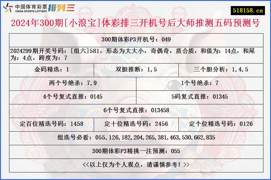 2024年300期[小浪宝]体彩排三开机号后大师推测五码预测号