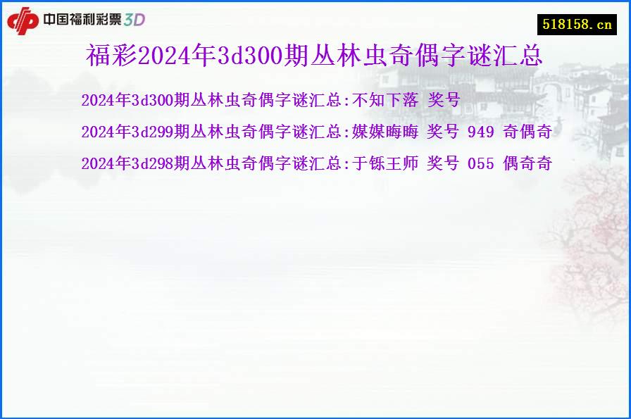 福彩2024年3d300期丛林虫奇偶字谜汇总