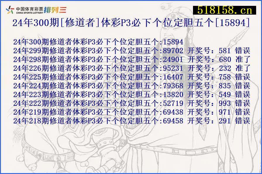 24年300期[修道者]体彩P3必下个位定胆五个[15894]