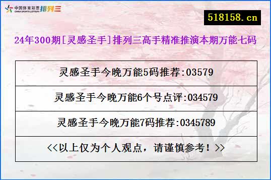 24年300期[灵感圣手]排列三高手精准推演本期万能七码