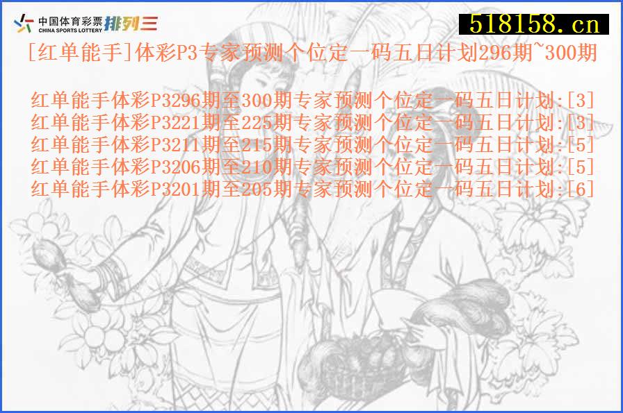 [红单能手]体彩P3专家预测个位定一码五日计划296期~300期