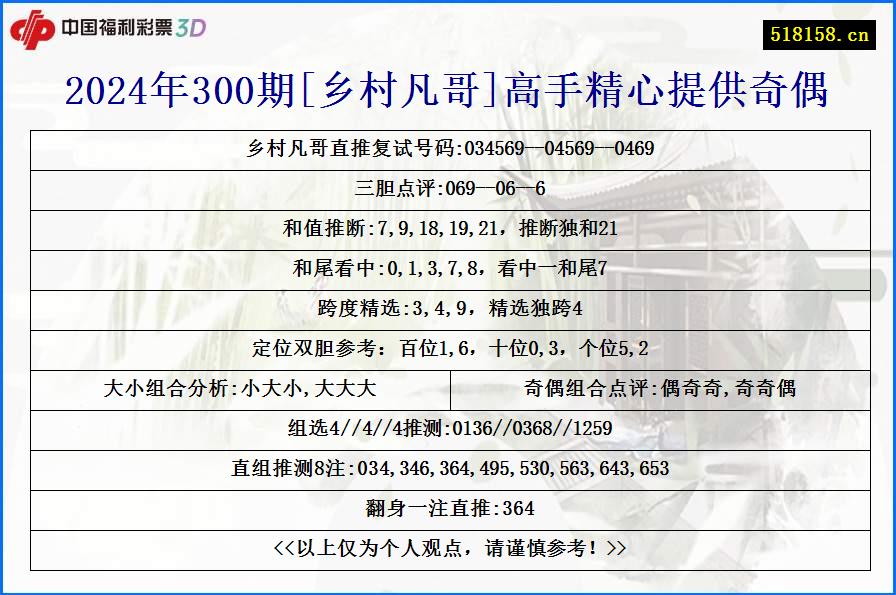 2024年300期[乡村凡哥]高手精心提供奇偶