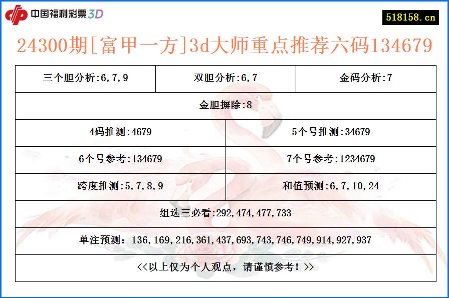 24300期[富甲一方]3d大师重点推荐六码134679