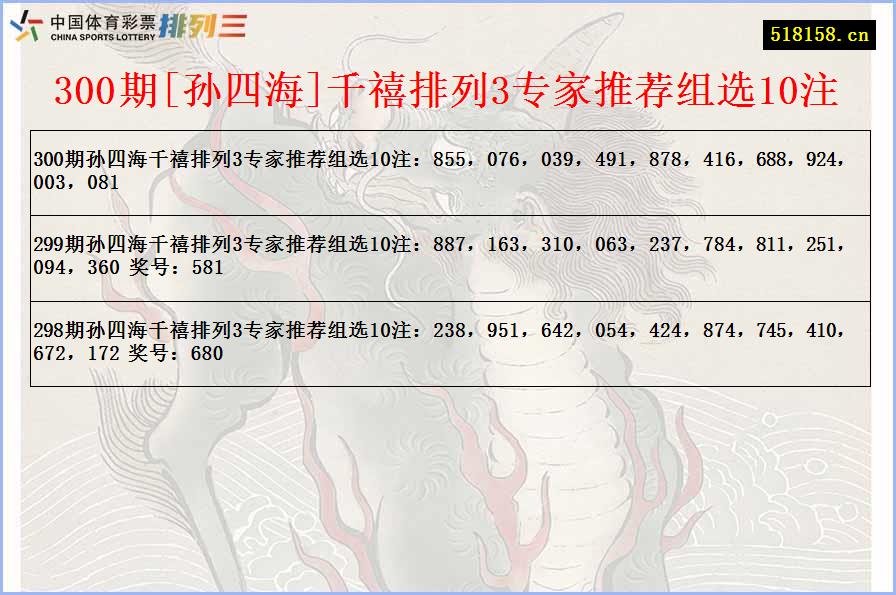 300期[孙四海]千禧排列3专家推荐组选10注