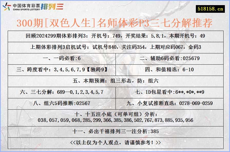 300期[双色人生]名师体彩P3三七分解推荐