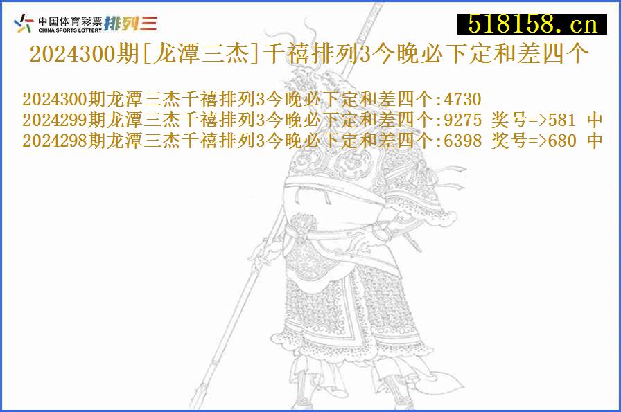 2024300期[龙潭三杰]千禧排列3今晚必下定和差四个